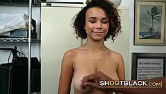 Young black teen gives blowjob and fucks casting agent on sofa