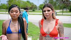 Interracial bikini besties in a hardcore foursome, sharing a cock with a ring from pov