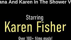 Busty Savana Styles and milf Karen Fisher share a steamy encounter in fishnets.