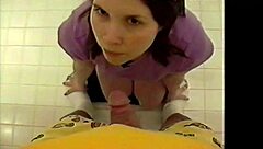 Busty Brunette Kneels to Suck Cock Hard, Gets Cum on Tits