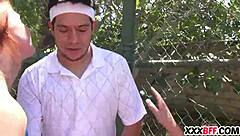 Teenage sluts at summer camp engage in group lesbian tennis with cocks and pussies