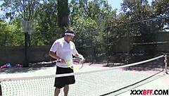 Teenage sluts at summer camp engage in group lesbian tennis with cocks and pussies