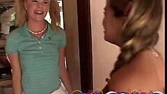 hot blonde teen plays with pussy and fingers in kitchen