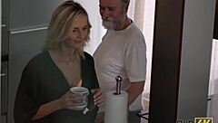 White-haired man drills teen wife's tender smooth sissy intensely.