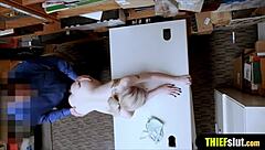 Skinny shoplifter chick gets punished and fucked by a mall cop in the back room