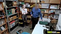 Skinny shoplifter chick gets punished and fucked by a mall cop in the back room