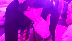 Leashed shemale slut in garage sucking cock deepthroat, blowjob makes him cum balls deep