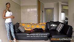 ebony babe loses job, tries african casting, deepthroats interracial cock for cumshot