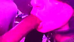 Leashed shemale slut in garage sucking cock deepthroat, blowjob makes him cum balls deep