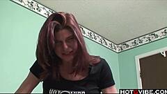 Tall pale brunette fingers her pussy with toys solo