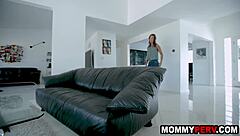 Stepson massages tired step mommy's small tits then fucks her hard with blowjob and taboo sex