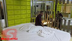 Receptionist Bruna Lopesxx tests motel bed with Maurinho in hotel suite