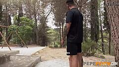 Couple's first outdoor threesome with BDSM