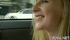 Teen sucks cock deeply while getting hard fucked in POV