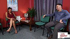 asian voyeur in shoes teases british guy jerking off at work office