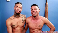 Buff ebony gay amateurs suck and handjob cocks before anal fucking each other.