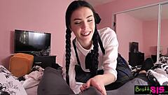 Bratty step sis rides huge cock before class in wild quickie scene s5 e1 with monster action and petite frame.