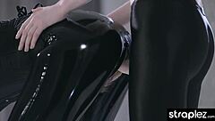 sexy domme in heels fucks her latex lover with strap-on pussy