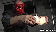 the masked dude punishes his sexy slave with toys and heels in the room