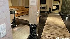 Tattooed chick pleasures cock in doggystyle, bent over with condom, kissing passionately