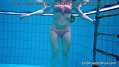 wearing pink lingerie, swimming with simonna in the pool