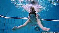 wearing pink lingerie, swimming with simonna in the pool