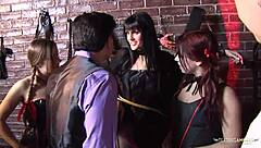 Three brunette babes can't stop raunchy group sex in the dungeon!