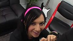 rocker ashli in lingerie gives blowjob, sucking dick and licking balls while masturbating pussy