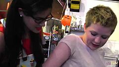 New Blonde Employee Taught Kitchen Lesbian Lessons