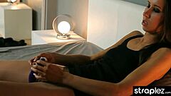 brunette lesbian uses strapon to grab her lover's attention in missionary and cowgirl