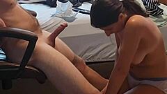 Girlfriend sucks friend's cock through panties for amazing blowjob