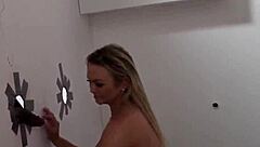 Gloryhole hottie sucks big cock and gets facial cumshot