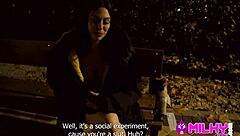 Horny busty babe calls ex while stranger licks her in the park 😈