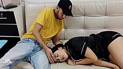 Latina brunette amateur teases neighbor with deepthroat blowjob