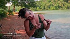 Beach milf shows off in transparent leggings.