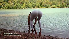 Beach milf shows off in transparent leggings.