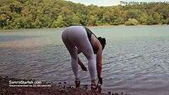 Beach milf shows off in transparent leggings.