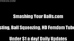 She kicks his balls hard in this femdom humiliation, making him beg for mercy.