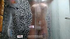 Naughty girl in shower plays with monster cock dildo in her ass.