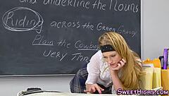 teen er contrasts innocence with sucking long shlong in classroom uniform