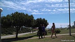 nude spanish beauty strolled along the beach, exposed and free