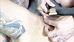 Couple feels intense passion as he shaves her pussy and creampies the horny brunette