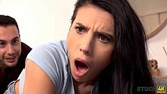 stuck4k brunette looking for her phone gets hand stuck and bent over