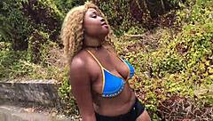 Nina Rivera deepthroats curvy blowjob by the riverside