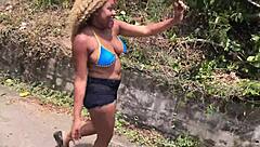 Nina Rivera deepthroats curvy blowjob by the riverside