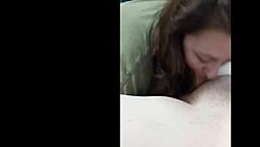 Busty wife gives a blowjob and swallows cum in POV