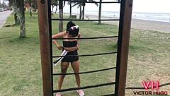 Tattooed 18-year-old gets barebacked on the beach by a muscular guy