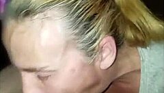 The blonde milf wife, acting as a slut, performs deepthroat blowjob and swallows cum