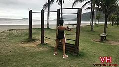 Tattooed 18-year-old gets barebacked on the beach by a muscular guy