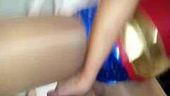 Wonder Woman cosplay scene involving pantyhose and boots